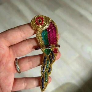 4/$100  parrot bird seed bead 1970 vintage tropical brooch on fabric